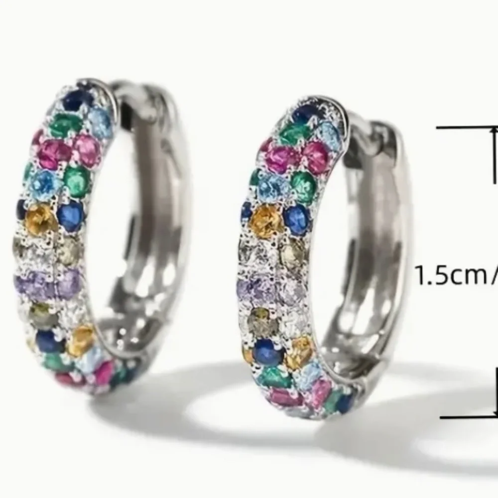 Silver Plated Mini Hoop Earrings Sparkling colorful Zircon Gem - Picture 2 of 10